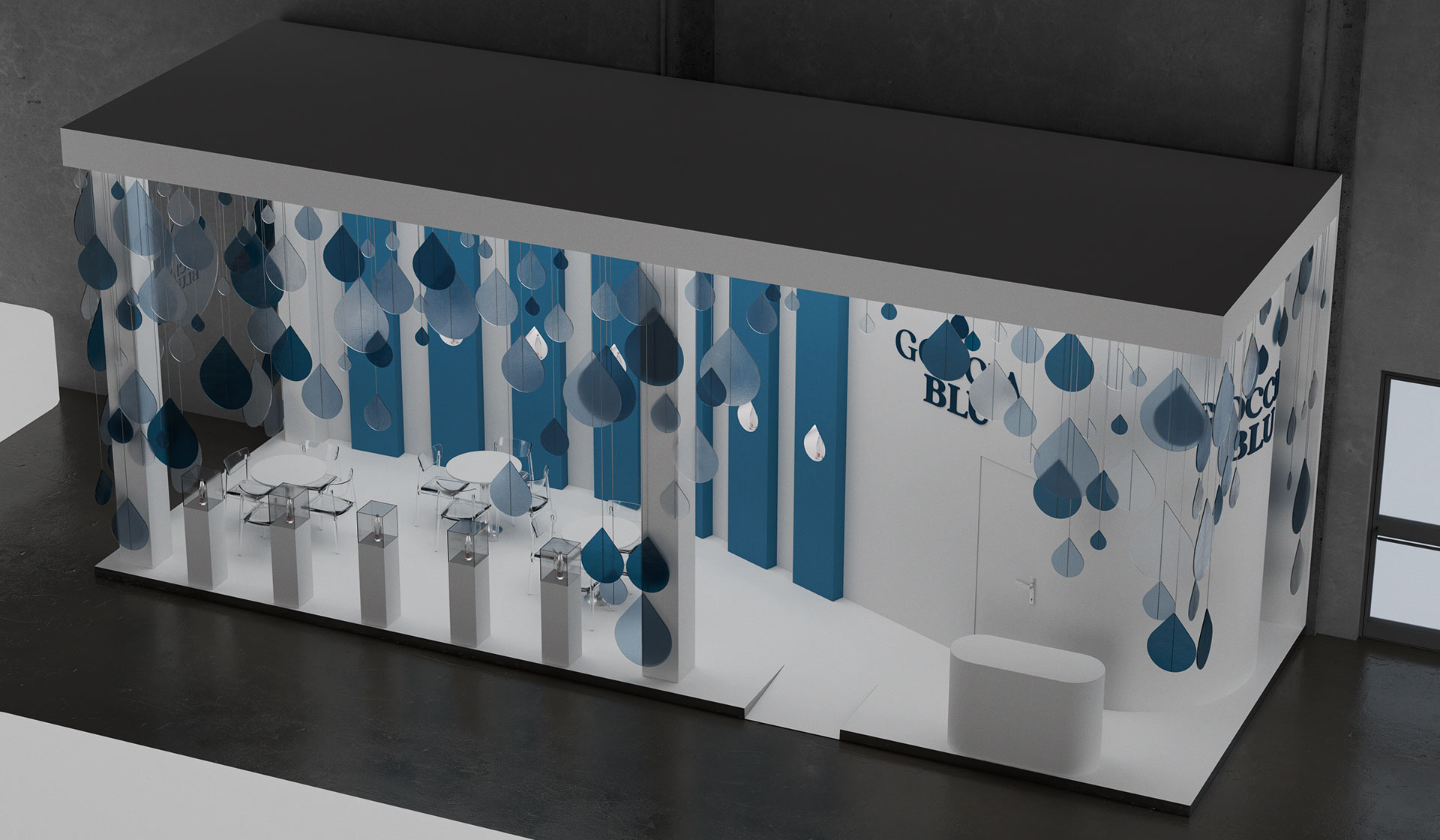 Stand Goccia Blu render 3D